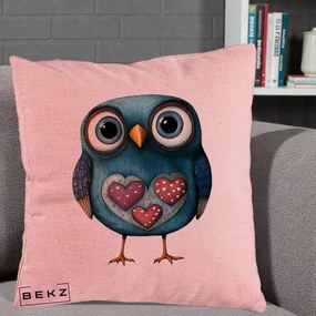 Perna Decorativa Bufnita Teal cu Doua Inimi, 40x40 cm, Roz, Husa Detasabila, Perna Inclusa, BEKZ®