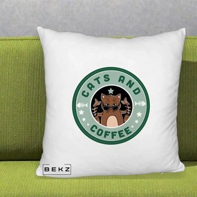 Perna Personalizata Cats and Coffee Starbucks, 40x40 cm, Alb Pufos, Husa Detasabila, Perna Inclusa, BEKZ®