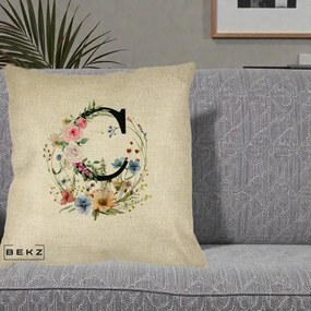 Cadou Personalizat - Perna Personalizata Monogram Litera C cu Flori Acuarela, 40x40 cm, Crem, Husa Detasabila, Perna Inclusa, BEKZ®