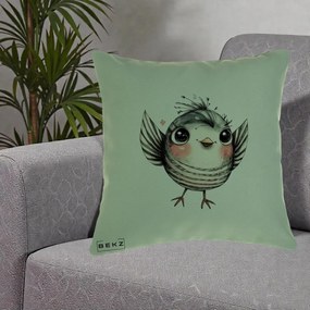 Perna Decorativa Pasare Gri cu Aripi si Inimioare, 40x40 cm, Verde, Husa Detasabila, Perna Inclusa, BEKZ®