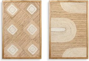 Set 2 tablouri decorative din iută cu relief în ramă din lemn de acacia, 60×90 cm, „Hemp"
