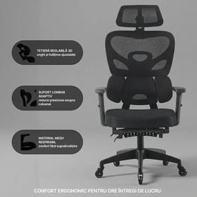 Scaun ergonomic, Suport Lombar 3 Zone Dinamice, Spătar ajustabil pe inaltime, cotiere 3D, tetiera 3D, suport pentru picioare, umeras, pivotant, Mesh, Negru