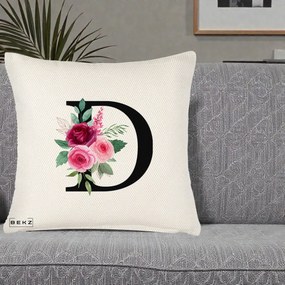 Cadou Personalizat - Perna Personalizata Monograma Florala Litera D, 40x40 cm, Crem Reliefat, Husa Detasabila, Perna Inclusa, BEKZ®