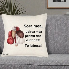 Cadou pentru Sora - Perna Personalizata Sora Mea Te Iubesc Doua Fete Iarna Acuarela, 40x40 cm, Crem Reliefat, Husa Detasabila, Perna Inclusa, BEKZ®
