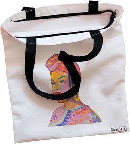 Sacosa de Panza pentru Cumparaturi, Geanta Tote, model Portret Vibrant, Cu fermoar, 38x34.5 cm, Alba, BEKZ®