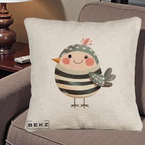 Perna Decorativa Pui Kawaii Teal cu Flori, 40x40 cm, Bej Canapea, Husa Detasabila, Perna Inclusa, BEKZ®