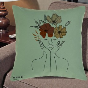 Perna Decorativa Portret Feminin Coroana Trei Flori, 40x40 cm, Verde, Husa Detasabila, Perna Inclusa, BEKZ®