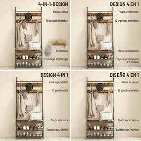 HOMCOM Suport de Haine de Intrare cu Bară, 10 Cârlige Mobile, Bancă și Raft pentru Încălțăminte, Mobilier în Pal și Metal, Design Industrial, 80x40x182 cm, Maro și Negru | Aosom Romania