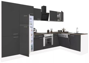Dulap de bucătărie de colț Yorki 340, corp alb, față antracit satinat, element cuptor inferior, dulap cu raft, frigider congelator superior