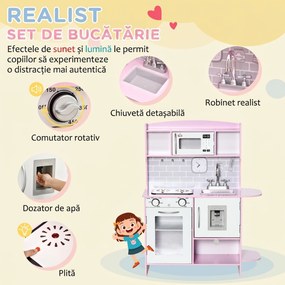 HOMCOM Bucătărie de Jucărie pentru Copii, cu Lumini și Sunete, Dozator Apă, Chiuvetă și Accesorii, MDF, PP, Roz | Aosom Romania