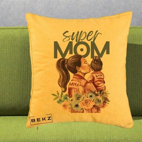 Cadou pentru Mama - Perna Personalizata Super Mom Mama cu Bebelusul, 40x40 cm, Galben, Husa Detasabila, Perna Inclusa, BEKZ®