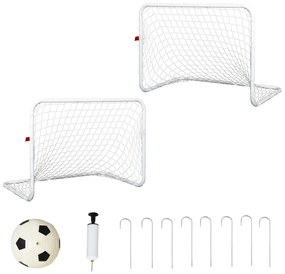 HOMCOM Set de 2 mini cage de fotbal pentru copil - minge, pompă, țăruși incluși - 78L x 46l x 56H cm - metal alb | Aosom Romania