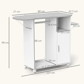 HOMCOM Dulap Multifuncțional cu Masă de Călcat | Blat din Tesatura Efect In | 3 Rafturi | Ghidaj pentru Agățat | 127x42.5x99 cm | Alb | Aosom Romania