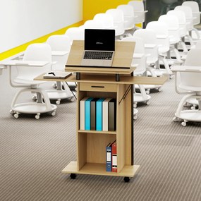 HOMCOM Suport de Podium cu Role, Pupitru cu Aripi Laterale Pliabile, Măsuță pentru Laptop cu Sertar și Rafturi, Stejar | Aosom Romania