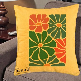 Perna Decorativa Flori Grafice Verde-Roz-Albastru, 40x40 cm, Galben, Husa Detasabila, Perna Inclusa, BEKZ®