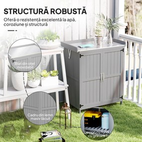 Outsunny Dulap de Exterior, Dulap pentru Ustensile cu Blat din Metal și Raft, Banc de Lucru din Lemn cu 2 Uși pentru Grădină, Terasă, Curte, Gri | Aosom Romania