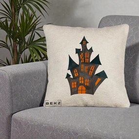 Perna Decorativa Halloween Casa Bantuita Minimalista, 40x40 cm, Bej Canapea, Husa Detasabila, Perna Inclusa, BEKZ®