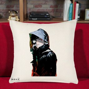 Perna Personalizata Tokyo Ghoul Ken Kaneki cu Masca si Gluga, 40x40 cm, Crem Reliefat, Husa Detasabila, Perna Inclusa, BEKZ®