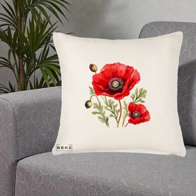 Perna Decorativa Maci Rosii Acuarela, 40x40 cm, Crem Reliefat, Husa Detasabila, Perna Inclusa, BEKZ®