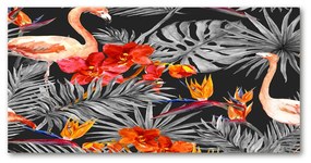 Tablou sticlă Flamingos și flori