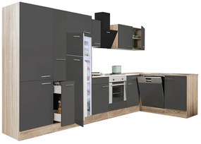 Mobilă de bucătărie de colț Yorki 370, corp din stejar sonoma, față antracit satinat, element cuptor inferior, dulap cu rafturi, frigider congelator superior
