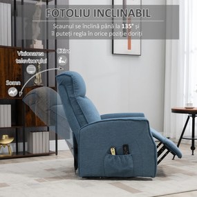 HOMCOM Fotoliu Recliner cu 8 Puncte de Masaj, Rabatabil la 135° cu Suport pentru Picioare, 74,5x87,5x110 cm, Albastru | Aosom Romania