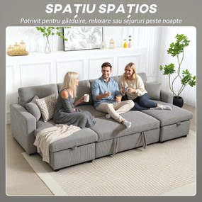 HOMCOM Canapea Extensibilă Modernă în Formă de U și Spații de Depozitare, Catifea Reiată, 282x140x86 cm, Gri | Aosom Romania