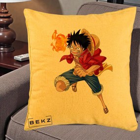 Perna Personalizata One Piece Luffy Gear Second Foc, 40x40 cm, Galben, Husa Detasabila, Perna Inclusa, BEKZ®
