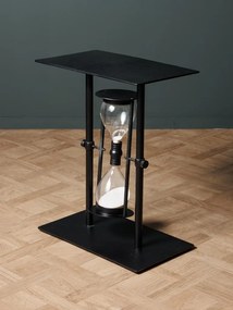 Măsuță laterală îngustă din metal, negru, cu clepsidră din sticlă pe pivot, 60 x 50 x 30 cm, „Time traveler”