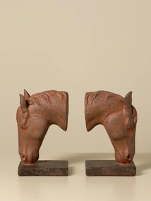 Set 2 suporturi pentru cărți din rășină, maro ruginiu, model cap de cal pe bază dreptunghiulară, finisaj patinat, 20,5 x 25,5 x 8,5 cm, „Cheval”