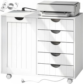 HOMCOM Mobilier pentru imprimantă cu stație de încărcare și roți 5 sertare porturi USB poliță reglabilă alb | Aosom Romania