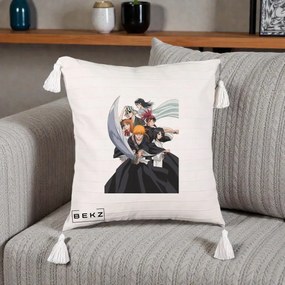 Perna Personalizata Bleach Grup Complet Ichigo si Prietenii, 40x40 cm, Bej cu Franjuri, Husa Detasabila, Perna Inclusa, BEKZ®