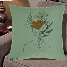 Perna Decorativa Portret Feminin Coroana Florala, 40x40 cm, Verde, Husa Detasabila, Perna Inclusa, BEKZ®