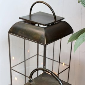 Felinar auriu, din metal si sticla, aspect vintage, H64cm, Grid