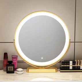Set Agata, Masă de toaletă pentru machiaj cu oglindă iluminată LED, control touch, 5 sertare, comoda, scaun, Gri/Alb