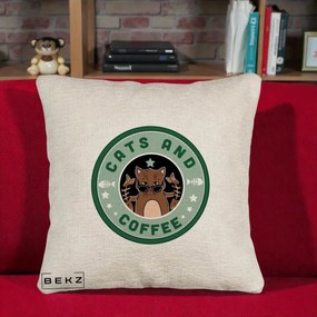 Perna Personalizata Cats and Coffee Starbucks, 40x40 cm, Bej Canapea, Husa Detasabila, Perna Inclusa, BEKZ®