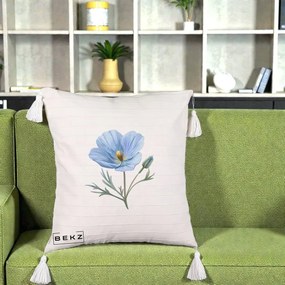 Perna Decorativa Mac Albastru Acuarela, 40x40 cm, Bej cu Franjuri, Husa Detasabila, Perna Inclusa, BEKZ®