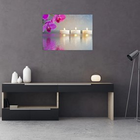 Tablou pe sticlă cu lumânări pe apă (70x50 cm)
