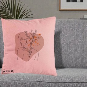 Perna Decorativa Femeie cu Flori Line Art Boho, 40x40 cm, Roz, Husa Detasabila, Perna Inclusa, BEKZ®