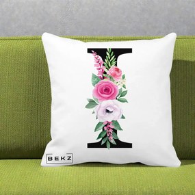 Cadou Personalizat - Perna Personalizata Monograma Florala Litera I, 40x40 cm, Alba Mata, Husa Detasabila, Perna Inclusa, BEKZ®
