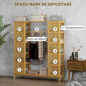 HOMCOM Dulap Deschis din Bambus cu 2 Uși Glisante, Garderobă cu Rafturi și Bară de Haine, 145x35x165 cm, Lemn Natural | Aosom Romania