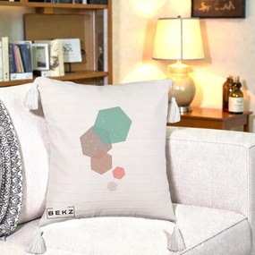 Perna Decorativa Geometric Hexagoane Pastel, 40x40 cm, Bej cu Franjuri, Husa Detasabila, Perna Inclusa, BEKZ®