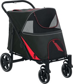 PawHut Cărucior Pliabil pentru Câini cu 4 Roți, Intrări cu Fermoar și Ferestre din Plasă, 112x65x100 cm, Negru | Aosom Romania
