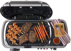 Gratar portabil pe gaz Weber Traveler WB 9010075, 3.5 kW, 63.5x34.3 cm, Grill emailat, Arzator otel inoxidabil, 2 roti, Negru/Argintiu