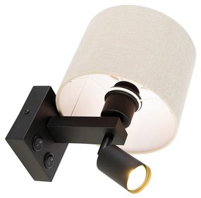 Aplică neagră cu lampă de citit și abajur 18 cm maro deschis - Brescia