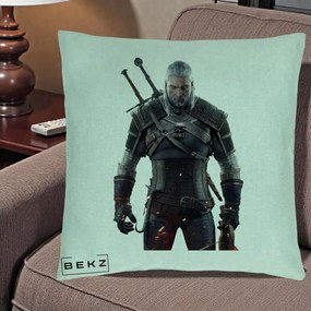 Perna Personalizata The Witcher Geralt of Rivia Portret, 40x40 cm, Verde Menta, Husa Detasabila, Perna Inclusa, BEKZ®