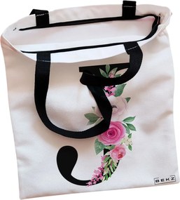 Sacosa de Panza pentru Cumparaturi, Geanta Tote, Cu litera J si Trandafiri, Cu fermoar, 38x34.5 cm, Alba, BEKZ®