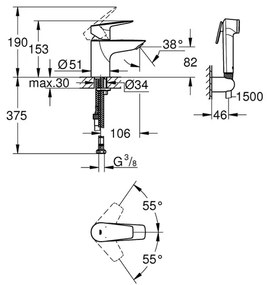 Baterie lavoar Grohe BauEdge New S cu dus igienic crom