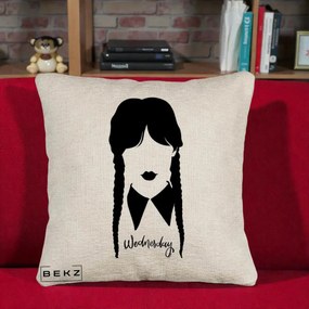 Perna Personalizata Wednesday Addams Silueta Alb-Negru, 40x40 cm, Bej Canapea, Husa Detasabila, Perna Inclusa, BEKZ®