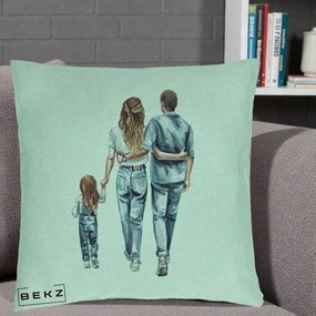 Cadou pentru Familie - Perna Personalizata Familie Acuarela Jeans, 40x40 cm, Verde Menta, Husa Detasabila, Perna Inclusa, BEKZ®